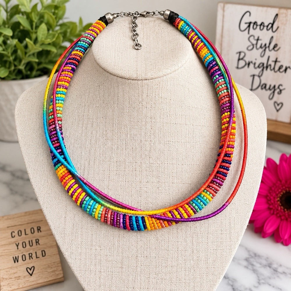 Colorful Rainbow Seed Bead Multi Strand Necklace Boho Woven Cord 20" + Extender